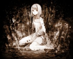 Rule 34 | 1girl, avtechno!, bad id, bad pixiv id, brown theme, closed mouth, collarbone, full body, kagamine rin, lemontea, looking at viewer, monochrome, short hair, sitting, sketch, skirt, sleeves past elbows, smile, solo, spread legs, swept bangs, vocaloid, wariza
