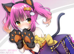 Rule 34 | 1girl, absurdres, alternate hairstyle, animal ears, animal hands, artist name, artist request, back bow, bare shoulders, black choker, blue skirt, blush, bow, breasts, brown eyes, candy hair ornament, cat ears, cat tail, choker, collarbone, dress, dress bow, female focus, food-themed hair ornament, frilled dress, frills, ghost hair ornament, gloves, hair ornament, halloween, highres, looking at viewer, love live!, love live! nijigasaki high school idol club, love live! school idol festival, miniskirt, multicolored hair, orange dress, parted lips, paw gloves, pink hair, plaid, plaid dress, plaid skirt, pleated, pleated dress, pleated skirt, purple dress, red bow, short hair, skirt, small breasts, smile, solo, sparkle print, tail, tennoji rina, twintails, yellow bow, yellow eyes