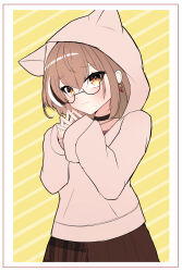 Rule 34 | 1girl, absurdres, ahoge, animal hood, berry, black choker, blush, brown eyes, brown hair, brown hoodie, brown skirt, choker, crossed bangs, earrings, ears through headwear, fingernails, food-themed earrings, highres, hololive, hololive english, hood, hood up, hoodie, jewelry, long hair, looking at viewer, multicolored hair, nanashi mumei, nanashi mumei (casual), necklace, official alternate costume, oversized clothes, pleated skirt, psypolo d, red shirt, shirt, simple background, skirt, sleeves past wrists, streaked hair, virtual youtuber, wide sleeves, yellow background