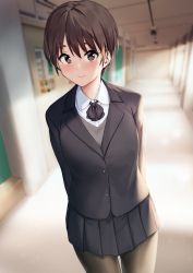 Rule 34 | 1girl, anti (0324), arms behind back, blazer, blush, bow, breasts, brown eyes, closed mouth, commentary, jacket, long sleeves, looking at viewer, medium breasts, mole, mole on neck, original, pantyhose, school hall, school uniform, short hair, skirt, smile, solo