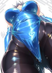 Rule 34 | 1girl, alternate costume, bare shoulders, black pantyhose, blue gloves, blue leotard, breasts, commentary request, covered navel, cowboy shot, elbow gloves, from below, gloves, gluteal fold, highres, izayoi sakuya, large breasts, leotard, pantyhose, parody, shiny clothes, silver hair, skindentation, sleeveless, solo, standing, sweat, tajima yuuki, thighband pantyhose, thighs, touhou, white background