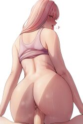 1boy 1girl anus ass ass_focus azur_lane bare_arms bare_shoulders blush bottomless bremerton_(azur_lane) from_behind girl_on_top happy_sex heart hetero highres long_hair looking_at_viewer looking_back lvl_(sentrythe2310) mole mole_under_eye multicolored_hair open_mouth penis pink_eyes pink_hair pink_tank_top pov sex sex_from_behind sleeveless smile solo_focus streaked_hair tank_top uncensored vaginal