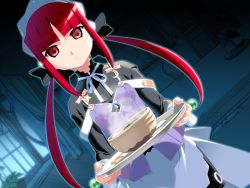 Rule 34 | 00s, 1girl, bowl, dutch angle, food, game cg, hair tie, headband, holding, long hair, maid, mea (popotan), popotan, red eyes, red hair, robot, solo, soup, tray, twintails