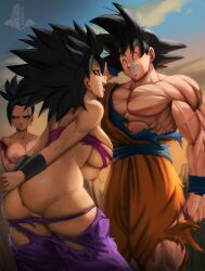 Rule 34 | 1boy, 2girls, absurdres, anus, ass, bare shoulders, black eyes, black hair, breasts, caulifla, closed eyes, crop top, dragon ball, dragon ball super, elite nappa, frown, highres, jealous, kale (dragon ball), large breasts, multiple girls, muscular, nipples, open mouth, pants, pussy, smile, son goku, spiked hair, strapless, torn clothes, torn pants, torn tube top, tube top