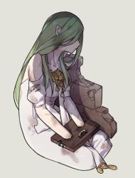 Rule 34 | 1girl, bare shoulders, bound, bound wrists, brooch, cuffs, dirty, dirty clothes, dress, fire emblem, fire emblem: three houses, green hair, grey background, haconeri, jewelry, long hair, nintendo, off-shoulder dress, off shoulder, pointy ears, rhea (fire emblem), simple background, solo, torn clothes, white dress
