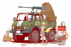 Rule 34 | 1girl, animal, animal ears, anti-materiel rifle, backpacking stove, barrel, bear, blonde hair, bucket, bullet, can, commentary, cooking, crate, drum (container), fire, fox ears, fox tail, gun, gun sling, ladle, meijou inurou, mercedes-benz, mercedes-benz unimog, motor vehicle, no pupils, original, paint, paintbrush, painting (action), pickup truck, portable stove, pot, rifle, short hair, simple background, smile, sniper rifle, steam, striped legwear, submachine gun, tail, truck, weapon, white background