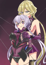 Rule 34 | 2girls, absurdres, ahoge, angry, aqua eyes, artist request, bare shoulders, bdsm, black background, blonde hair, blush, bondage, bound, grabbing another&#039;s breast, breasts, brown legwear, cameltoe, carol malus dienheim, clenched teeth, covered erect nipples, covered navel, crotch rope, elbow gloves, eyes visible through hair, female focus, garter straps, gloves, grabbing, grabbing another&#039;s chin, grabbing from behind, gradient background, grin, hair between eyes, highres, large breasts, leotard, long hair, looking at another, looking at viewer, looking down, low ponytail, low twintails, medium breasts, multiple girls, neck, parted lips, pleated skirt, ponytail, purple background, purple eyes, purple gloves, purple skirt, restrained, revealing clothes, senki zesshou symphogear, sideboob, silver hair, skirt, slit pupils, smile, standing, teeth, thighhighs, torn clothes, twintails, very long hair, yukine chris, yuri