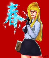 Rule 34 | 1girl, blonde hair, blue eyes, blunt bangs, book, breasts, capcom, dress shirt, glasses, gloves, high heels, highres, ice, kolin, lips, necktie, pencil skirt, red background, shirt, side ponytail, simple background, skirt, solo, standing, street fighter, street fighter v, thighs, translation request, white shirt, xxx1320