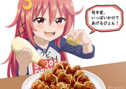 Rule 34 | 1girl, alternate costume, black ribbon, clothes writing, commentary request, crescent, crescent hair ornament, fang, food, fried chicken, fruit, hair between eyes, hair ornament, hair ribbon, kantai collection, karaage, lemon, long hair, long sleeves, looking at viewer, mayonnaise, mayonnaise bottle, meme attire, misumi (niku-kyu), open mouth, pink hair, raglan sleeves, red eyes, ribbon, shirt, skin fang, smile, solo, squeeze bottle, sugoi dekai, translation request, twitter username, uzuki (kancolle)