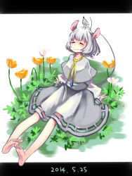 Rule 34 | 1girl, animal, animal ears, animal on head, barefoot, capelet, closed eyes, dated, flower, full body, gem, grass, highres, jewelry, letterboxed, long sleeves, mouse (animal), mouse ears, namauni, nazrin, necklace, on head, pendant, plant, shirt, short hair, silver hair, simple background, sitting, skirt, skirt set, smile, solo, touhou