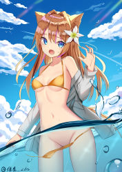 Rule 34 | 1girl, animal ear fluff, animal ears, bikini, blue eyes, breasts, cat ears, fang, flower, hair between eyes, hair flower, hair ornament, hand up, highres, light brown hair, long hair, looking at viewer, navel, open mouth, original, outdoors, partially submerged, sakutaishi, sky, small breasts, solo, splashing, swimsuit, twitter username, yellow bikini