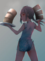 Rule 34 | 10s, 1girl, alternate costume, ass, back, bamboo steamer, blue background, blue dress, china dress, chinese clothes, clothes lift, comah, cowboy shot, dress, dress lift, from behind, frown, gradient background, grey hair, hair ribbon, holding, kantai collection, kasumi (kancolle), long hair, looking at viewer, orange eyes, pelvic curtain, plate, ribbon, shade, short dress, short sleeves, side ponytail, sidelocks, solo, thighhighs