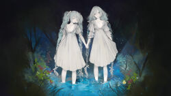 Rule 34 | 2girls, alternate hairstyle, aqua hair, braid, breasts, closed eyes, closed mouth, commentary, dark, dress, full body, grey dress, hair ribbon, hatsune miku, holding hands, long bangs, long hair, looking at viewer, multiple girls, multiple persona, nature, nekosuke (oxo), outdoors, pale skin, plant, ribbon, short sleeves, sleeves past elbows, small breasts, standing, twin braids, very long hair, vocaloid, wading, water, white dress, white ribbon