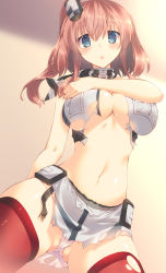 Rule 34 | 10s, 1girl, blue eyes, blush, breast pocket, breasts, brown hair, cleavage, dress, hair between eyes, highres, kantai collection, large breasts, long hair, looking at viewer, mutsuno hekisa, open mouth, panties, pocket, saratoga (kancolle), saratoga mk ii (kancolle), side ponytail, solo, thighhighs, torn clothes, torn dress, underwear, white panties