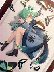 Rule 34 | 1girl, akebisousaku, animal print, bare shoulders, blue dress, blush, boots, breasts, bug, butterfly, butterfly print, detached sleeves, double bun, dress, green hair, hair bun, hair ornament, high heel boots, high heels, highres, hololive, insect, jewelry, looking at viewer, open mouth, red eyes, ribbon, short hair, skull collar, smile, solo, uruha rushia, uruha rushia (1st costume), virtual youtuber