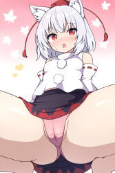 Rule 34 | 1girl, ass, barefoot, black skirt, blush, breasts, cameltoe, cleft of venus, detached sleeves, gradient background, grey hair, hat, heart, highres, inubashiri momiji, japanese clothes, looking at viewer, open mouth, panties, pink panties, pom pom (clothes), red eyes, red hat, red skirt, rizento, short hair, skirt, small breasts, solo, tokin hat, touhou, underwear, white sleeves, wide sleeves