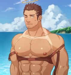 Rule 34 | 1boy, abs, bara, beach, bondage outfit, brown hair, chest harness, day, facial hair, fire, flaming halo, gorou naoki, halo, harness, highres, large pectorals, looking at viewer, male focus, manly, muscular, nipples, one eye closed, outdoors, pectorals, solo, stubble, sweatdrop, tan, tanline, thighs, tokyo houkago summoners, topless male, yellow eyes, zabaniyya (fashionista swimsuit) (housamo), zabaniyya (housamo)