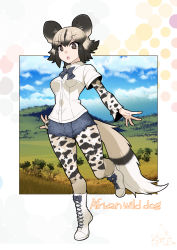 Rule 34 | 10s, african wild dog (kemono friends), animal ears, blouse, blue bow, blue bowtie, boots, bow, bowtie, character name, collared shirt, commentary request, cross-laced footwear, denim, denim shorts, dog ears, dog tail, full body, hair between eyes, highres, kemono friends, lace-up boots, layered sleeves, long sleeves, multicolored hair, pantyhose, pantyhose under shorts, pocket, shirt, short hair, short over long sleeves, short sleeves, shorts, solo, standing, standing on one leg, tail, torn clothes, torn shorts, umigarasu (kitsune1963), white shirt