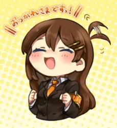 Rule 34 | :d, ahoge, ahoge wag, armband, black jacket, blouse, brown hair, closed eyes, collared shirt, expressive hair, hod (project moon), jacket, lobotomy corporation, long hair, long sleeves, necktie, open mouth, orange necktie, project moon, rinmitsu, shirt, smile, solo, suit jacket, white shirt, |d