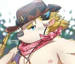 Rule 34 | 1boy, animal nose, babe bunyan (housamo), black horns, blonde hair, blue eyes, blue horns, blurry, blurry background, commentary, cowboy hat, furry, furry male, gun, hat, highres, horns, male focus, multicolored horns, nipples, ponzu tas, red scarf, scarf, sheriff badge, short hair, snout, solo, thick eyebrows, tokyo houkago summoners, two-tone horns, upper body, weapon, yellow fur