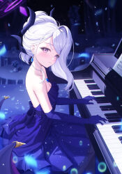 Rule 34 | 1girl, absurdres, black horns, blue archive, blush, breasts, demon horns, demon wings, dress, elbow gloves, gloves, halo, highres, hina (blue archive), hina (dress) (blue archive), horns, instrument, kesa pasa, long hair, looking at viewer, multiple horns, open mouth, piano, piano keys, purple dress, purple eyes, purple wings, sheet music, small breasts, smile, solo, strapless, strapless dress, white hair, wings
