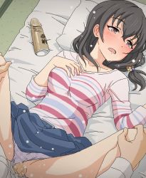 Rule 34 | 1boy, 1girl, bed, bed sheet, belt, black hair, blue skirt, blush, buckle, censored, clothed sex, clothing aside, crotch seam, dildo, fujiwara hajime, grey eyes, hair ornament, hand on own chest, holding, idolmaster, idolmaster cinderella girls, indoors, looking away, lying, missionary, mosaic censoring, on back, open mouth, panties, panties aside, penis, pillow, pink panties, print panties, pussy, pussy juice, sex, sex toy, shirt, short hair, skirt, spread legs, striped clothes, striped shirt, sweat, tomu (tomubobu), underwear, vaginal, white shirt