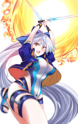 Rule 34 | 1girl, :o, absurdly long hair, absurdres, blue footwear, blue jacket, blue one-piece swimsuit, commentary request, competition swimsuit, connyalow, cropped jacket, dual wielding, energy sword, fate/grand order, fate (series), fireball, from below, hair ornament, highres, holding, holding sword, holding weapon, jacket, long hair, looking at viewer, multicolored clothes, multicolored swimsuit, one-piece swimsuit, open clothes, open jacket, red eyes, sandals, short sleeves, silver hair, solo, swimsuit, sword, thigh strap, tomoe gozen (fate), tomoe gozen (swimsuit saber) (fate), tomoe gozen (swimsuit saber) (first ascension) (fate), very long hair, weapon, white background, white one-piece swimsuit, wristband