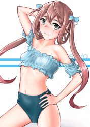 Rule 34 | 1girl, arm up, asagumo (kancolle), bikini, breasts, brown hair, commentary request, cowboy shot, frilled bikini, frills, hair ribbon, hand on own hip, highres, kantai collection, long hair, looking at viewer, mismatched bikini, owada (kousonhuchi), ribbon, grey eyes, small breasts, solo, swimsuit, twintails, white background