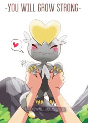 Rule 34 | absurdres, blush, closed mouth, commentary, creatures (company), deviantart username, english commentary, english text, closed eyes, facing viewer, game freak, gen 7 pokemon, grey background, happy, harlequinwaffles, heart, highres, holding, holding pokemon, jangmo-o, mixed-language commentary, mountain, nintendo, pokemon, pokemon (creature), pov, pov hands, signature, smile, solo focus, spanish commentary, spoken heart, watermark, web address