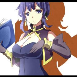 Rule 34 | 1girl, bare shoulders, book, bracelet, breasts, cleavage, dress, earrings, elbow gloves, fire emblem, fire emblem: the blazing blade, gloves, gold trim, hand on own face, holding, holding book, jewelry, kisara mikami, large breasts, looking at viewer, mature female, nintendo, purple eyes, purple hair, short hair, silhouette, simple background, solo, upper body, ursula (fire emblem)
