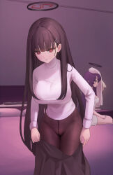 Rule 34 | 2girls, anouetto, black hair, black pantyhose, blue archive, blue hair, blush, halo, highres, hotel room, long hair, multiple girls, naked towel, pantyhose, red eyes, rio (blue archive), sweater, towel, turtleneck, turtleneck sweater, undressing, white sweater, yuuka (blue archive)