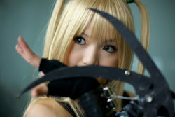Rule 34 | 1girl, amane misa, amane misa (cosplay), aqua eyes, asian, blade, blonde hair, color contacts, cosplay, death note, elbow gloves, fingerless gloves, gloves, indoors, kipi-san, long hair, photo (medium), solo, two side up