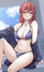 Rule 34 | 1girl, bare shoulders, bikini, black jacket, blue bikini, breasts, cleavage, collarbone, grin, halterneck, highres, jacket, jewelry, kaetzchen, knee up, large breasts, liliya (kaetzchen), long hair, looking at viewer, mole, mole on breast, mole on thigh, navel, necklace, off shoulder, open clothes, open jacket, original, red hair, sitting, skindentation, smile, solo, stomach, strap gap, string bikini, swimsuit, thighs, wet, yellow eyes