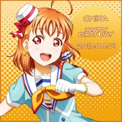 Rule 34 | 10s, 1girl, ahoge, anibache, aozora jumping heart, blush, bow, character name, collarbone, dated, earrings, gloves, happy birthday, hat, hat bow, hat ribbon, jewelry, looking at viewer, love live!, love live! sunshine!!, neckerchief, open mouth, orange background, orange hair, red bow, red eyes, red ribbon, ribbon, short hair, smile, solo, takami chika, white gloves, white hat, yellow neckerchief