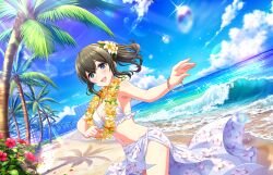 Rule 34 | 1girl, beach, bikini, blue eyes, breasts, brown hair, building, cleavage, cloud, game cg, idolmaster, idolmaster cinderella girls, idolmaster cinderella girls starlight stage, navel, official art, open mouth, palm tree, ponytail, sagisawa fumika, solo, swimsuit, tree, water, waves
