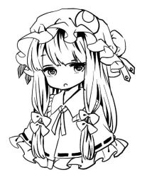 Rule 34 | ama-tou, annoyed, bolo tie, bun cover, collar, eyelashes, frills, greyscale, hair bun, hair ribbon, hat, lineart, long hair, looking to the side, mob cap, monochrome, open mouth, patchouli knowledge, portrait, ribbon, ribbon-trimmed clothes, ribbon trim, simple background, single hair bun, solo, touhou, tress ribbon, tsurime, white background