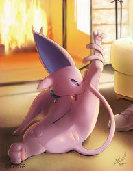 Rule 34 | 1girl, absurdres, animal focus, anus, artist name, bell, blank eyes, cleft of venus, collar, commission, couch, creatures (company), cross-laced footwear, dated, eryz, espeon, fangs, female focus, fire, fireplace, forehead jewel, full body, game freak, gen 2 pokemon, half-closed eyes, highres, indoors, jingle bell, leg up, licking, neck bell, nintendo, no humans, open mouth, pawpads, pokemon, pokemon (creature), purple eyes, pussy, shoes, signature, sitting, solo, spread legs, tongue, tongue bath, tongue out, twitter username, uncensored, watermark, white footwear