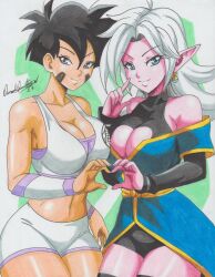 Rule 34 | 2023, 2girls, artist name, bare shoulders, black hair, blue eyes, breasts, chinese clothes, cleavage, colored skin, commission, crop top, elbow gloves, female focus, gloves, grey eyes, heart, heart hands, highres, large breasts, midriff, multiple girls, navel, original, pink skin, ravernclouk design, short hair, shorts, sports bra, thick thighs, thighhighs, thighs, traditional media, white hair, white shorts