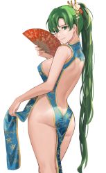 Rule 34 | 1girl, ass, back, bare back, bare shoulders, blue dress, blush, breasts, butt crack, dress, earrings, female focus, fire emblem, fire emblem: the blazing blade, folding fan, green eyes, green hair, hair ornament, hand fan, high ponytail, highres, holding, holding fan, j@ck, jewelry, large breasts, long hair, looking at viewer, lyn (fire emblem), matching hair/eyes, nintendo, no bra, no panties, pelvic curtain, ponytail, simple background, smile, solo, thighs, white background