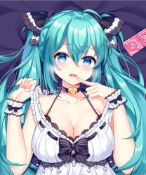 Rule 34 | 1girl, :d, alternate costume, aqua hair, bare shoulders, bed sheet, black ribbon, blue eyes, blush, breasts, choker, chuor (chuochuoi), cleavage, collarbone, colored eyelashes, condom, condom packet strip, condom wrapper, dress, finger to mouth, hair between eyes, hair ribbon, hatsune miku, heart, heart-shaped pupils, heart choker, heavy breathing, lace, lace-trimmed cuffs, lace-trimmed dress, lace trim, large breasts, long hair, looking at viewer, naughty face, open mouth, ribbon, saliva, shiny skin, smile, solo, striped ribbon, symbol-shaped pupils, tareme, tongue, tongue out, twintails, upper body, very long hair, vocaloid, white dress, wrist cuffs