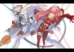 Rule 34 | 10s, 1girl, arm behind back, arm up, bad id, bad pixiv id, blue eyes, bodysuit, breasts, closed mouth, darling in the franxx, hairband, heterochromia, highres, horns, kota (tokiwa), legs apart, letterboxed, long hair, mecha, medium breasts, oni horns, pilot suit, pink hair, red bodysuit, red eyes, robot, smile, solo, straight hair, strelizia, tongue, tongue out, white hairband, zero two (darling in the franxx)