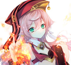 Rule 34 | 1girl, bare shoulders, book, closed mouth, commentary request, fire, genshin impact, green eyes, hair between eyes, hands up, hat, holding, holding book, index finger raised, long hair, looking at viewer, pink hair, pyrokinesis, red hat, shirogane hina, smile, solo, upper body, yanfei (genshin impact)