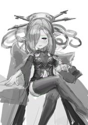 Rule 34 | 10s, 1girl, chromatic aberration, clothing cutout, floating, granblue fantasy, greyscale, hair ornament, hair over one eye, hair stick, harvin, harvin, crossed legs, long hair, long sleeves, monochrome, navel, navel cutout, niyon (granblue fantasy), norape (w0lpeexe), open mouth, pointy ears, simple background, sketch, solo, thighhighs, white background, wide sleeves