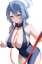 Rule 34 | 1girl, absurdres, ako (blue archive), ako (dress) (blue archive), black hairband, blue archive, blue eyes, blue hair, blush, breasts, cleavage, cowboy shot, grin, hair between eyes, hairband, highres, large breasts, long hair, looking at viewer, murding, navel, official alternate costume, simple background, smile, solo, white background