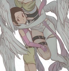 Rule 34 | 00s, 2girls, angewomon, asymmetrical clothes, bare shoulders, breasts, brown eyes, brown hair, cleavage, digimon, digimon (creature), digimon adventure 02, feason, feathered wings, female focus, hug, looking at viewer, multiple girls, short hair, shorts, single pantsleg, size difference, smile, thigh strap, wings, yagami hikari