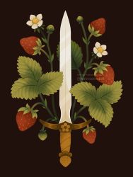 Rule 34 | commentary, dark background, english commentary, english text, flower, food, fruit, highres, katriadoodles, leaf, no humans, original, strawberry, sword, tumblr username, twitter username, weapon, white flower