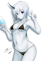 Rule 34 | 1girl, abataa, absurdres, abyssal ship, alternate costume, bikini, black bikini, black nails, blue eyes, breasts, collarbone, colored skin, cowboy shot, cup, drinking glass, hair between eyes, highres, holding, holding cup, horns, kantai collection, long hair, medium breasts, navel, ne-class heavy cruiser, single horn, solo, standing, swimsuit, translation request, v, very long hair, white background, white hair, white skin