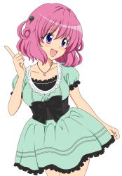 Rule 34 | 1girl, bow, colorized, dress, female focus, highres, jewelry, momo velia deviluke, open mouth, pendant, pink hair, pointing, purple eyes, short hair, short sleeves, simple background, smile, solo, to love-ru, twintails, white background