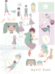 Rule 34 | 1boy, 1girl, absurdres, aqua hair, aqua nails, bad id, bad pixiv id, blush, brown hair, calendar, camera, card, clock, collage, couple, dress, flower, hatsune miku, highres, hood, hoodie, long hair, mary janes, nail polish, open mouth, outstretched arms, rabbit, ribbon, shoes, short hair, shorts, simple background, sitting, song name, stairs, stuffed toy, swing, tamayo, tears, twintails, vocaloid