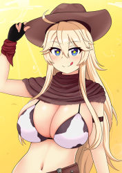 Rule 34 | 1girl, absurdres, ahoge, animal print, belt, bikini, bikini top only, blonde hair, blue eyes, breasts, cow print, cowboy hat, fingerless gloves, gloves, handkerchief, hat, highres, huge breasts, iowa (kancolle), kantai collection, long hair, looking at viewer, navel, poncho, sidelocks, simple background, smile, solo, star-shaped pupils, star (symbol), swimsuit, symbol-shaped pupils, the only shoe, tongue, tongue out, wristband